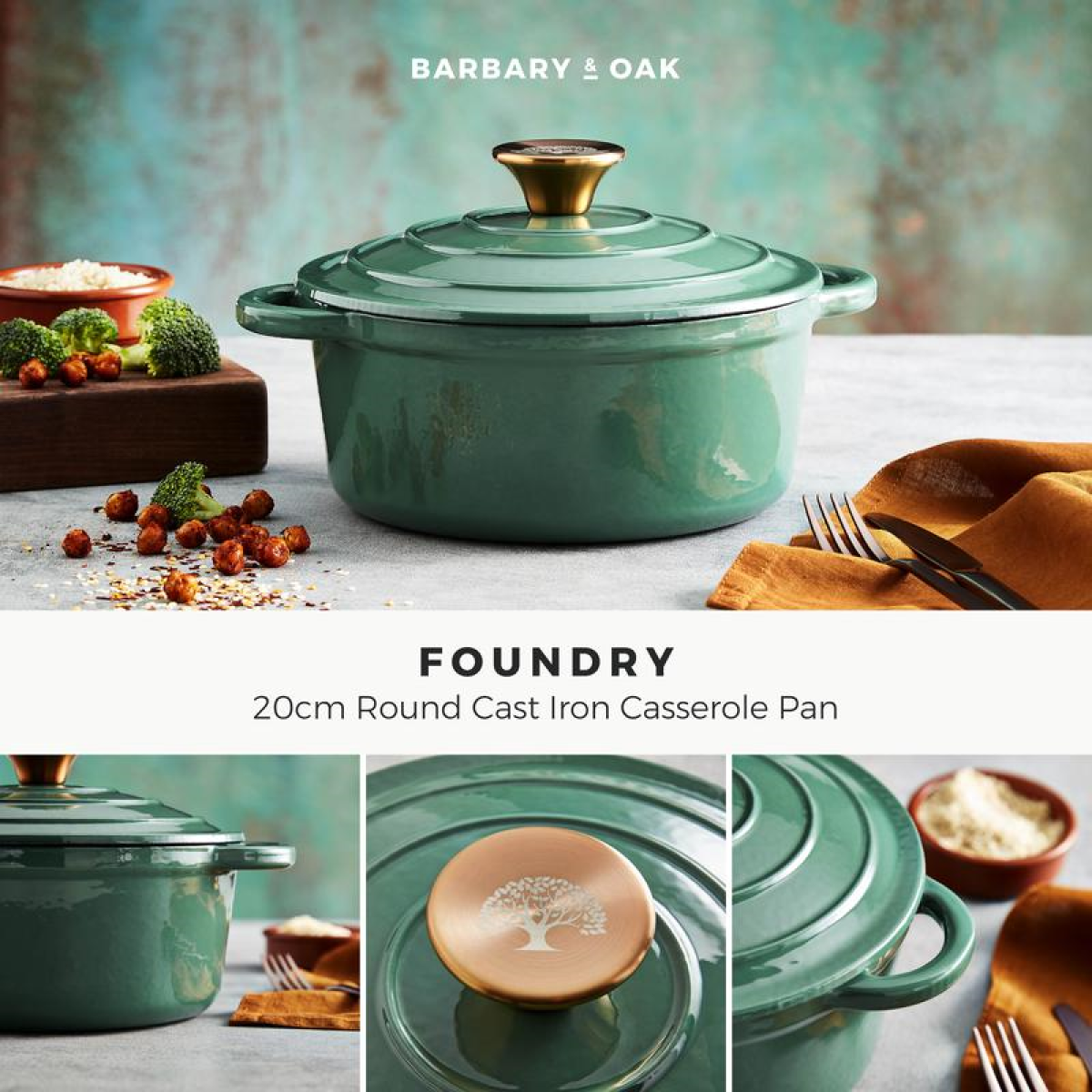 BARBARY&OAK Rund Støpejernsgryte, 20cm, Grønn, 2 liter - Bilde 3