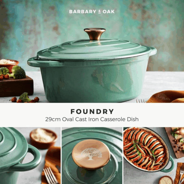 BARBARY&OAK Oval Støpejernsgryte, 29cm, Grønn, 3 liter